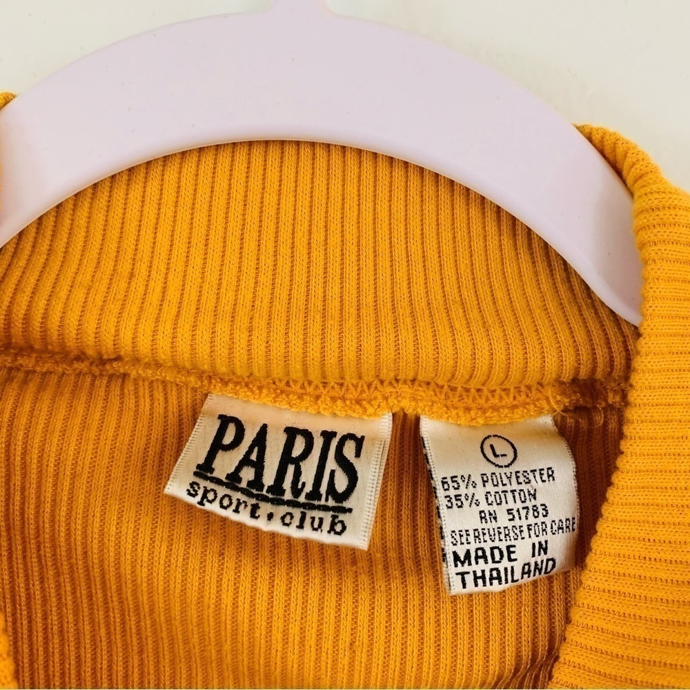 𝅺VINTAGE 90s Paris Sports Club Mustard Ribbed Mock Neck Shirt Size Large - Picture 4 of 5